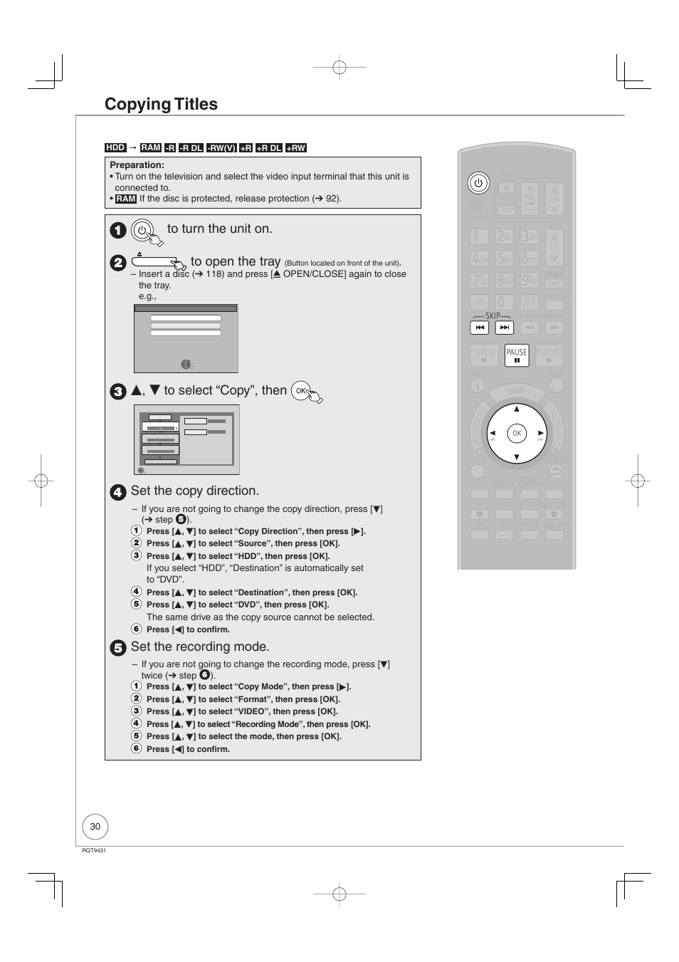 Copying titles, E, r to select “copy”, then, Set the copy direction | Set the recording mode | Philips DIGA DMR-XS350EB User Manual | Page 30 / 140