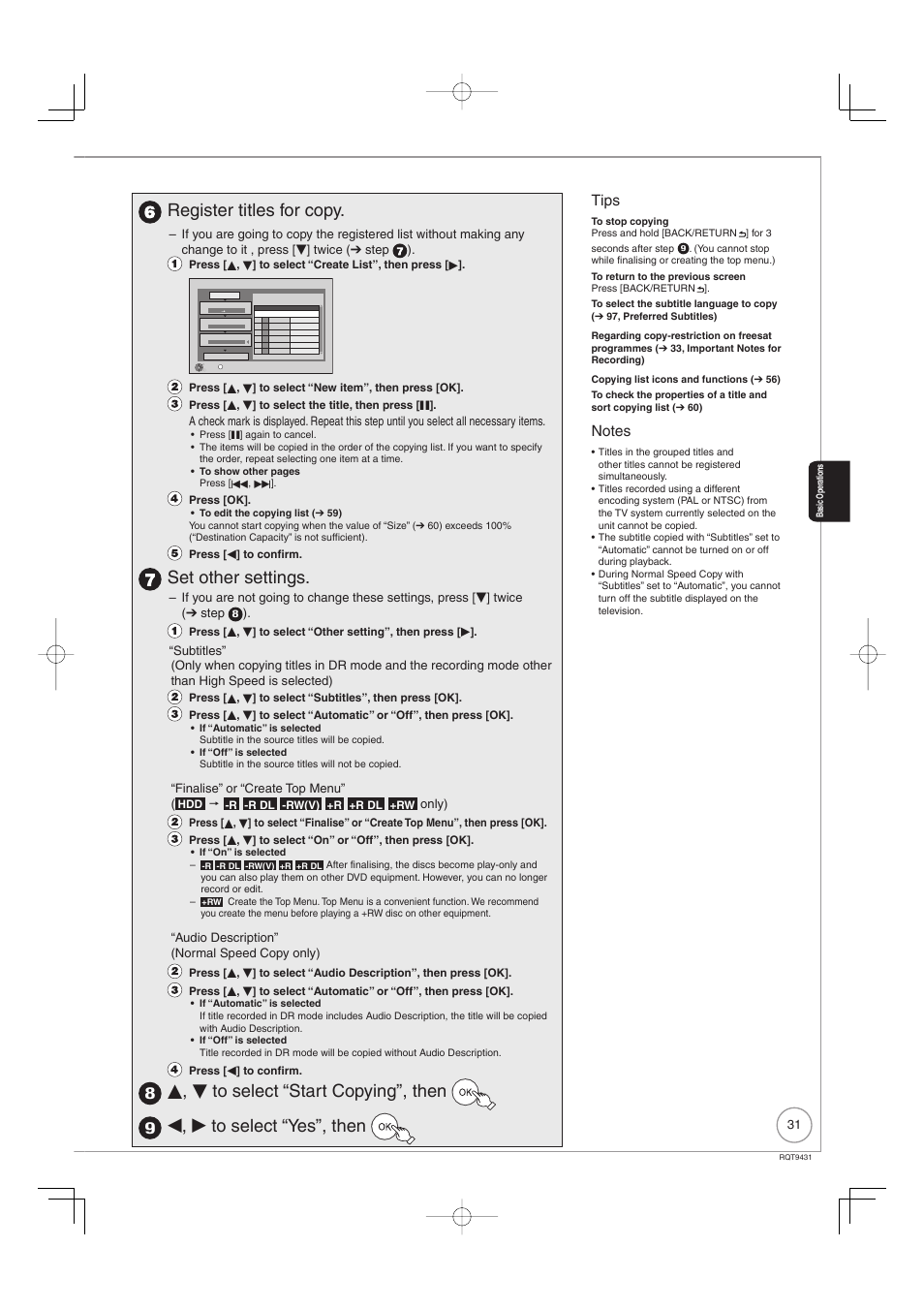 Register titles for copy, Set other settings, E, r to select “start copying”, then | W, q to select “yes”, then, Tips | Philips DIGA DMR-XS350EB User Manual | Page 31 / 140