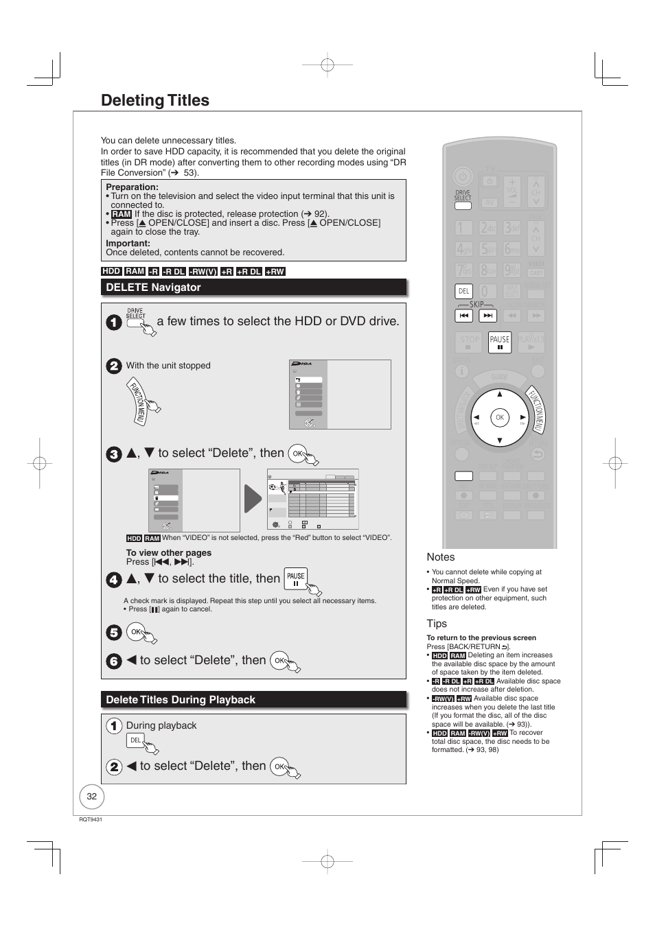Deleting titles, A few times to select the hdd or dvd drive, E, r to select “delete”, then | E, r to select the title, then, W to select “delete”, then, Delete navigator, Delete titles during playback, Tips, During playback, With the unit stopped | Philips DIGA DMR-XS350EB User Manual | Page 32 / 140