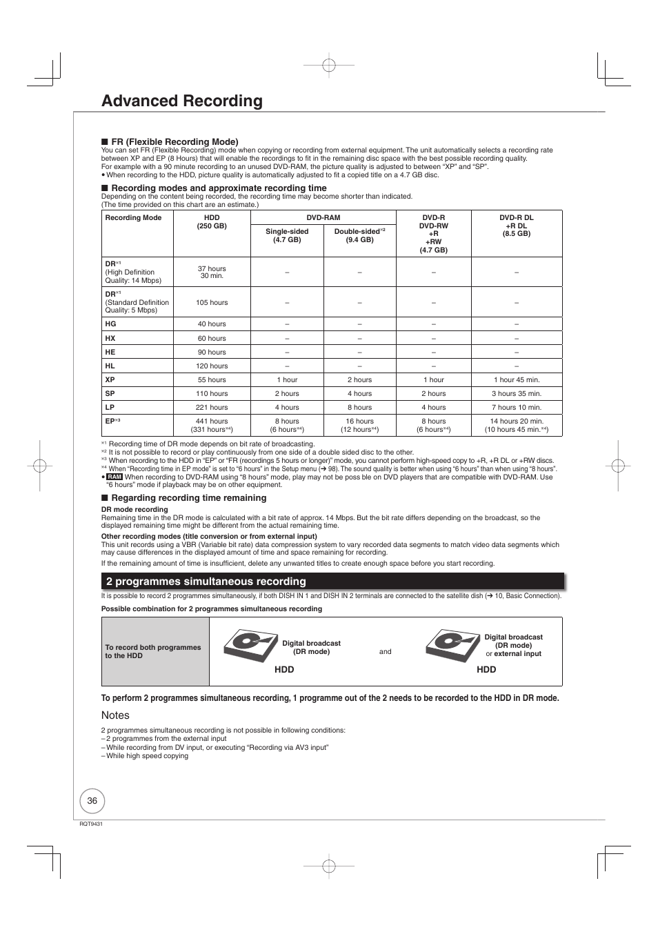 Advanced recording, 2 programmes simultaneous recording | Philips DIGA DMR-XS350EB User Manual | Page 36 / 140