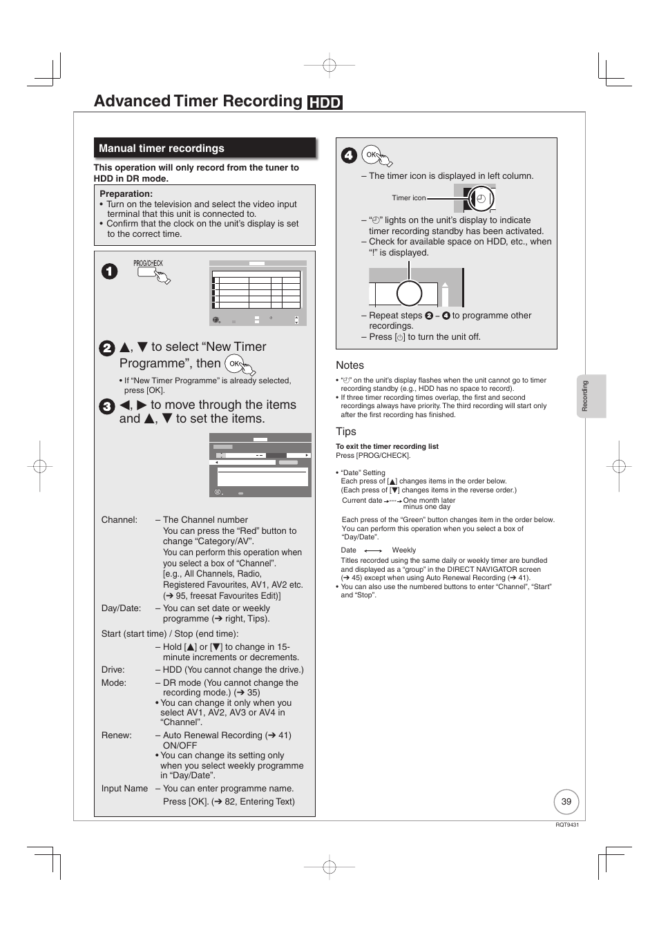 Advanced timer recording, E, r to select “new timer programme”, then, Ode space ok | Manual timer recordings, Tips | Philips DIGA DMR-XS350EB User Manual | Page 39 / 140