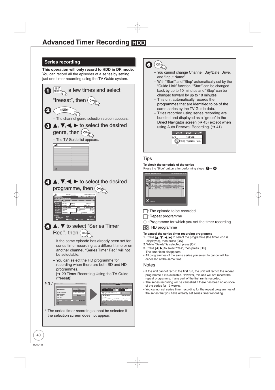 Advanced timer recording, A few times and select “freesat”, then, E, r,w, q to select the desired genre, then | E, r,w, q to select the desired programme, then, E, r to select “series timer rec.”, then, Series recording, Tips, Ch gu de, The channel genre selection screen appears, The tv guide list appears | Philips DIGA DMR-XS350EB User Manual | Page 40 / 140