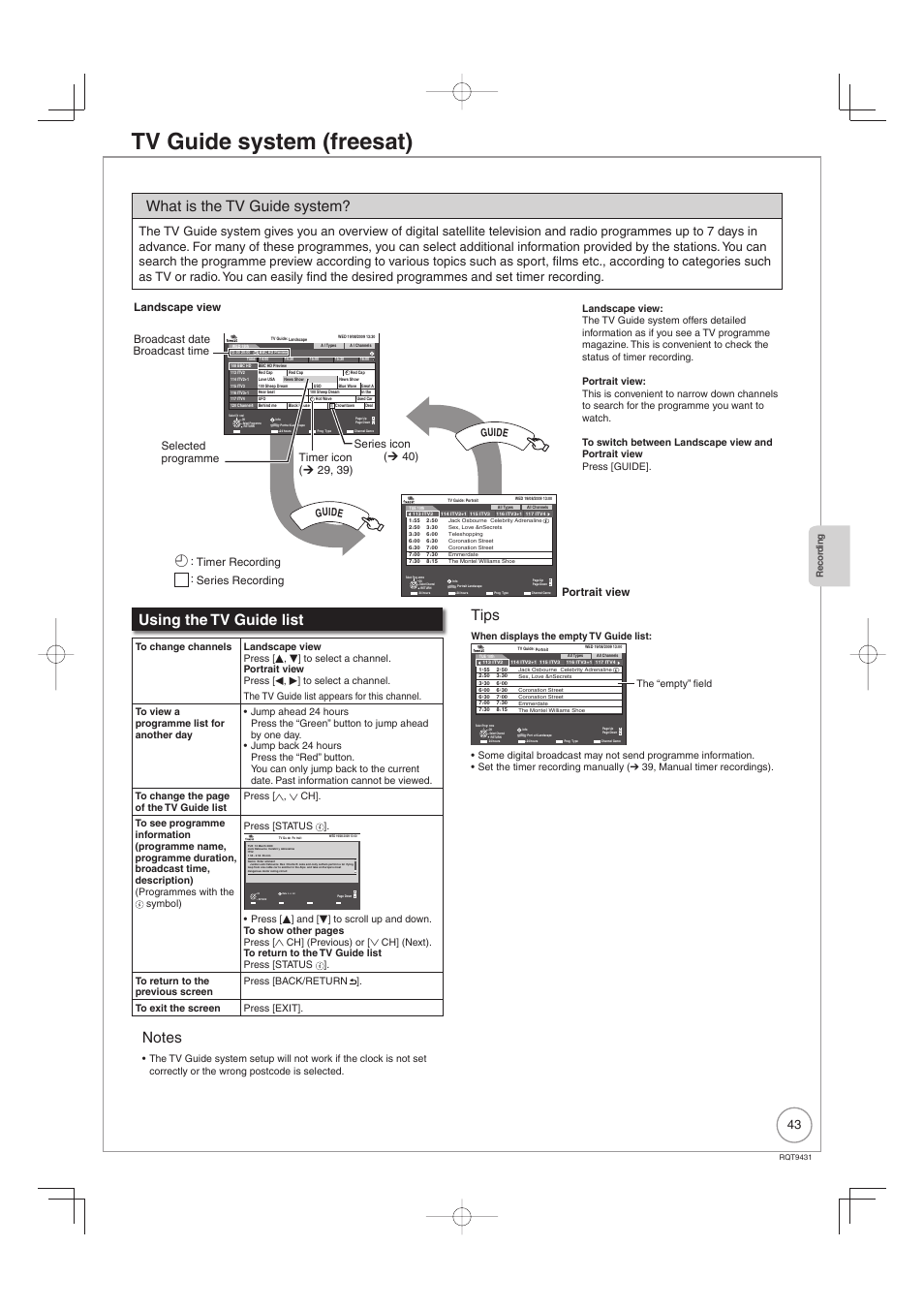 Tv guide system (freesat), What is the tv guide system, Using the tv guide list | Tips, Guide, Gu de, Portrait view, Timer recording s, Series recording, When displays the empty tv guide list | Philips DIGA DMR-XS350EB User Manual | Page 43 / 140