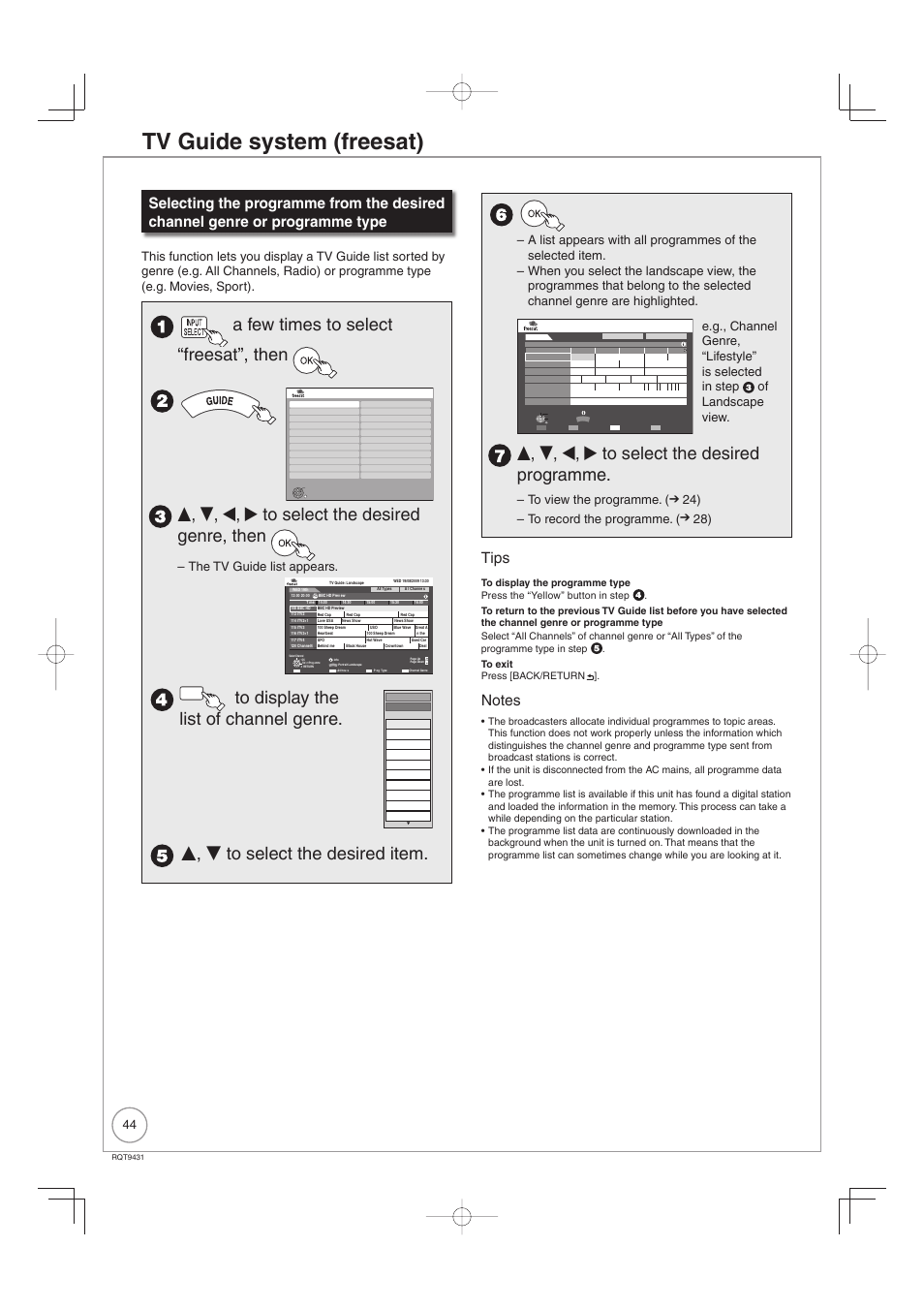 Tv guide system (freesat), A few times to select “freesat”, then, E, r, w, q to select the desired genre, then | E, r to select the desired item, E, r, w, q to select the desired programme, Tips, Ch guide, The tv guide list appears, 24) to record the programme | Philips DIGA DMR-XS350EB User Manual | Page 44 / 140