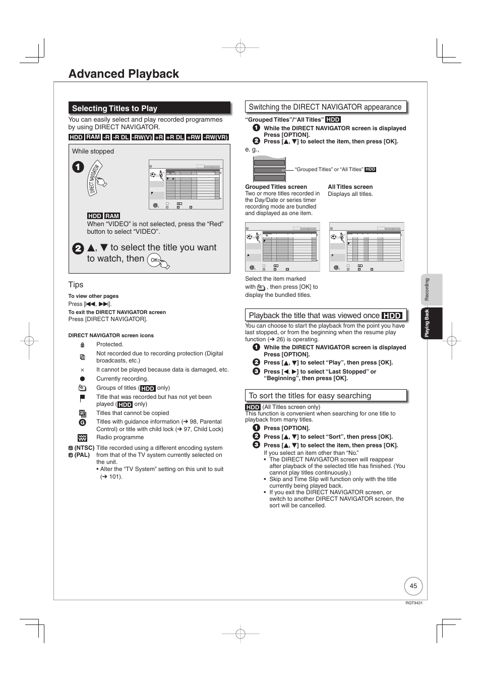 Advanced playback, E, r to select the title you want to watch, then, Selecting titles to play | Tips, Switching the direct navigator appearance, Playback the title that was viewed once hdd, While stopped, E. g | Philips DIGA DMR-XS350EB User Manual | Page 45 / 140