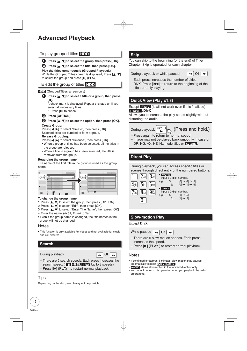 Advanced playback, Press and hold.), Search | Tips, Skip, Quick view (play x1.3), Direct play, Slow-motion play | Philips DIGA DMR-XS350EB User Manual | Page 46 / 140