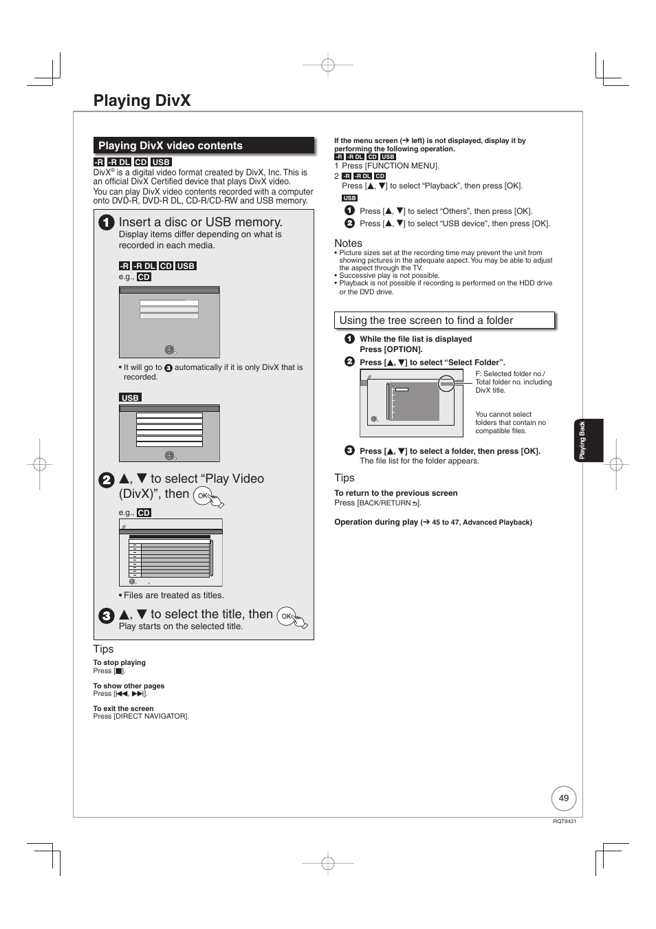 Playing divx, E, r to select “play video (divx)”, then, E, r to select the title, then | Playing divx video contents, Tips, Using the tree screen to find a folder, Divx, Files are treated as titles, Play starts on the selected title | Philips DIGA DMR-XS350EB User Manual | Page 49 / 140