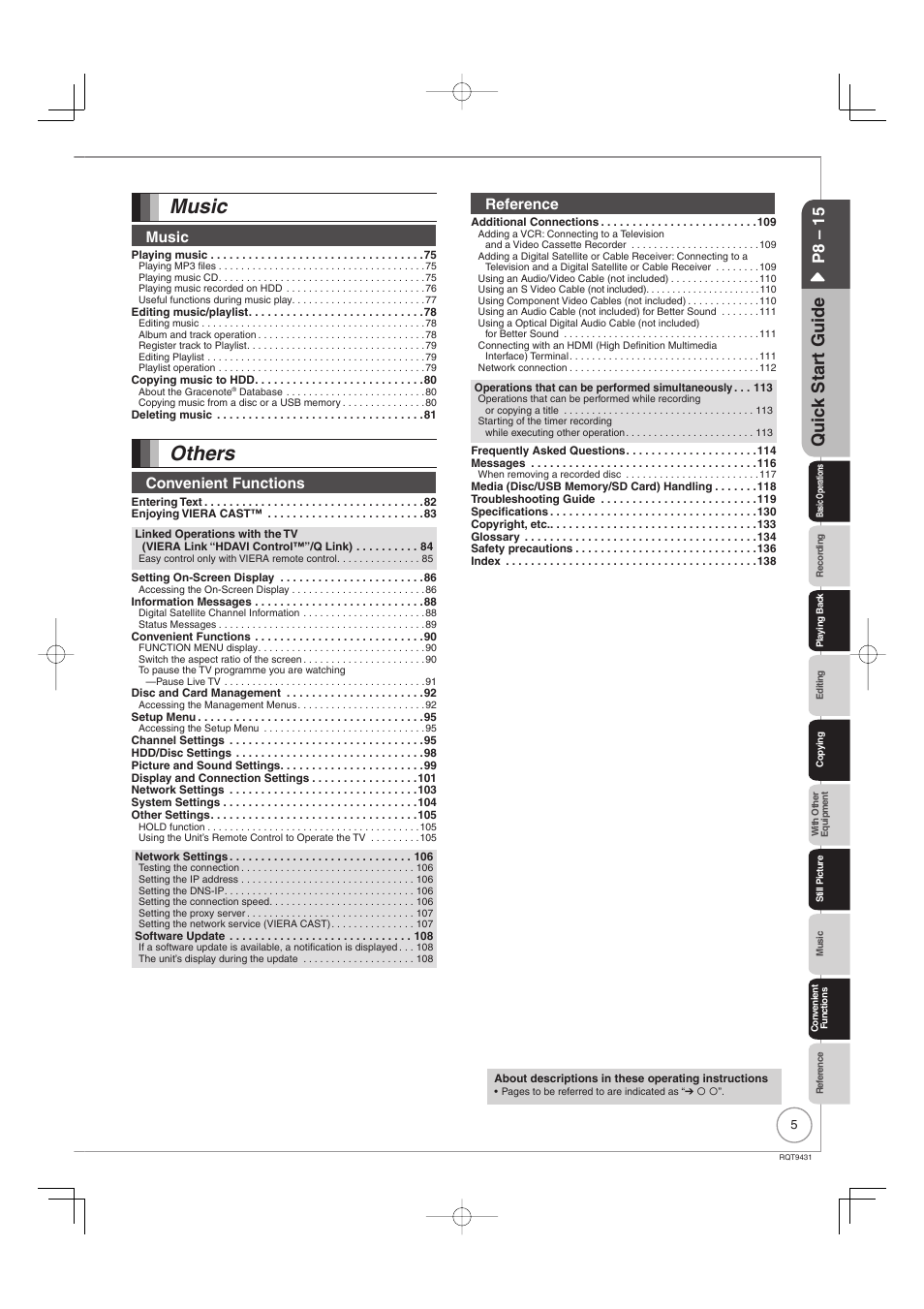 Music, Others, Quic k star t guide | P8 – 15, Convenient functions, Reference | Philips DIGA DMR-XS350EB User Manual | Page 5 / 140