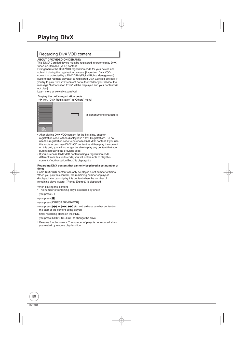 Playing divx, Regarding divx vod content | Philips DIGA DMR-XS350EB User Manual | Page 50 / 140