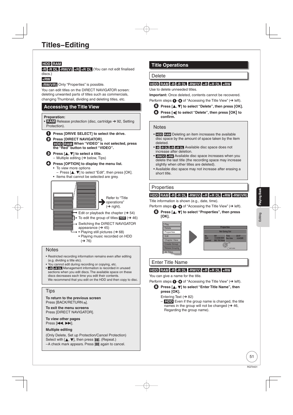 Titles−editing, Accessing the title view, Tips | Title operations delete, Properties, Enter title name | Philips DIGA DMR-XS350EB User Manual | Page 51 / 140