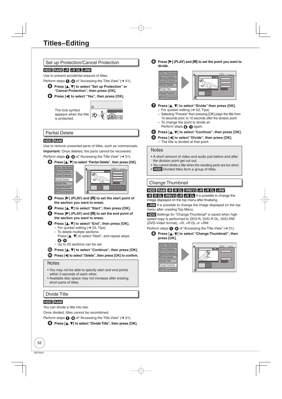 Titles−editing, Set up protection/cancel protection, Partial delete | Divide title, Change thumbnail | Philips DIGA DMR-XS350EB User Manual | Page 52 / 140