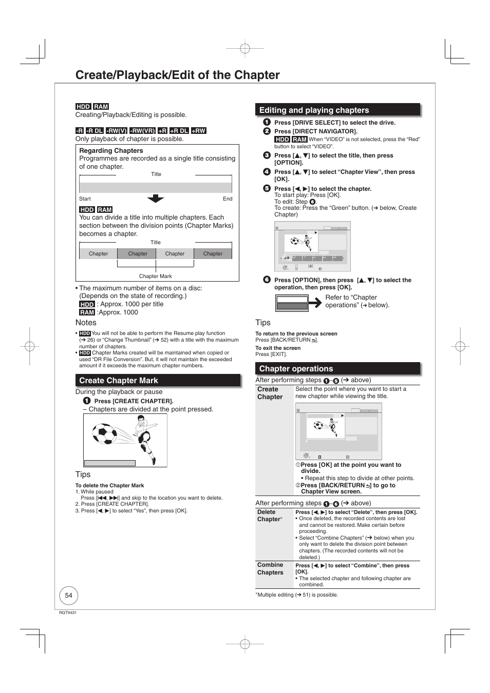 Create/playback/edit of the chapter, Create chapter mark, Tips | Editing and playing chapters, Chapter operations | Philips DIGA DMR-XS350EB User Manual | Page 54 / 140