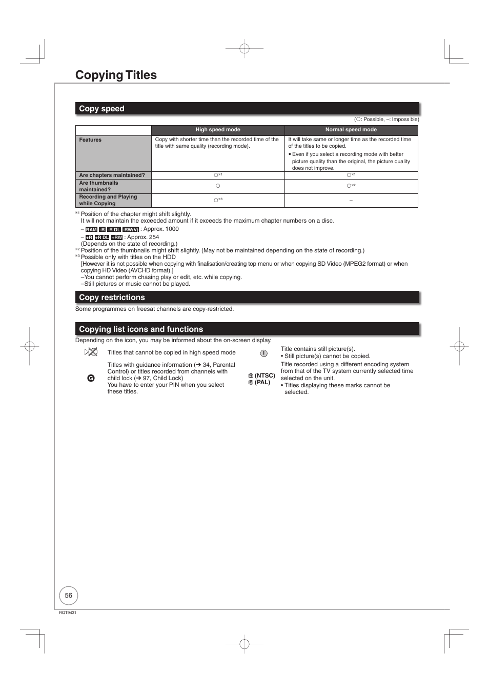 Copying titles, Copy speed, Copy restrictions | Copying list icons and functions | Philips DIGA DMR-XS350EB User Manual | Page 56 / 140