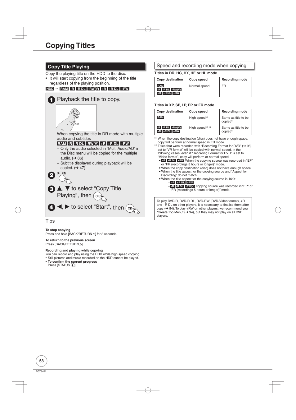 Copying titles, Playback the title to copy, Copy title playing | Speed and recording mode when copying, Tips | Philips DIGA DMR-XS350EB User Manual | Page 58 / 140