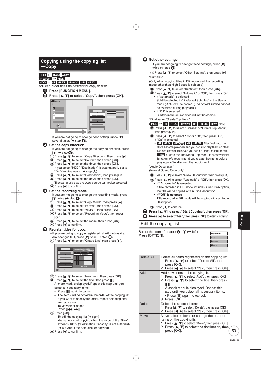 Copying using the copying list —copy, Edit the copying list | Philips DIGA DMR-XS350EB User Manual | Page 59 / 140