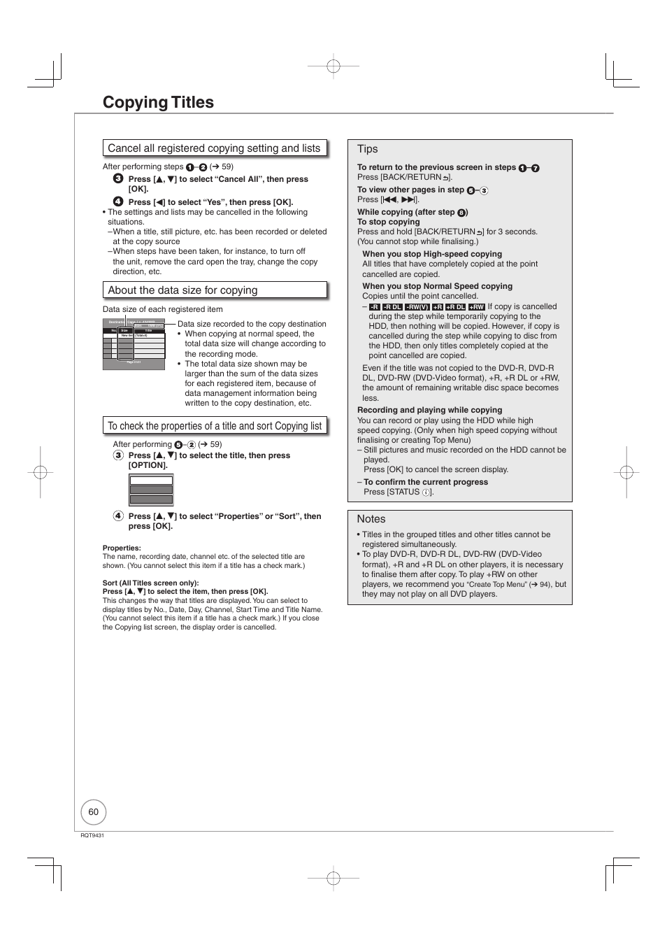 Copying titles, Cancel all registered copying setting and lists, About the data size for copying | Tips | Philips DIGA DMR-XS350EB User Manual | Page 60 / 140