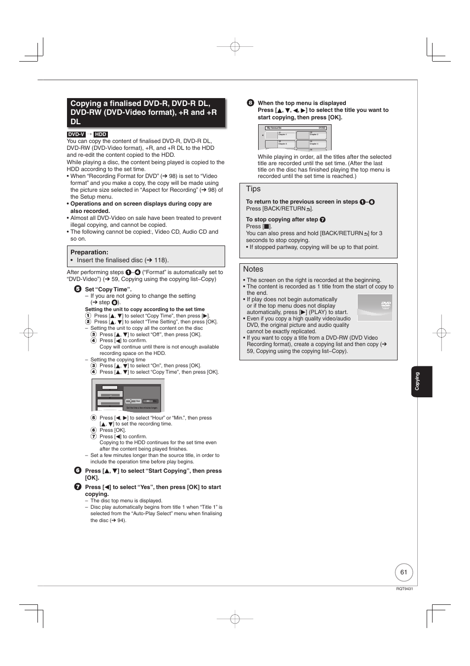 Tips, Preparation: insert the finalised disc ( ➔ 118) | Philips DIGA DMR-XS350EB User Manual | Page 61 / 140