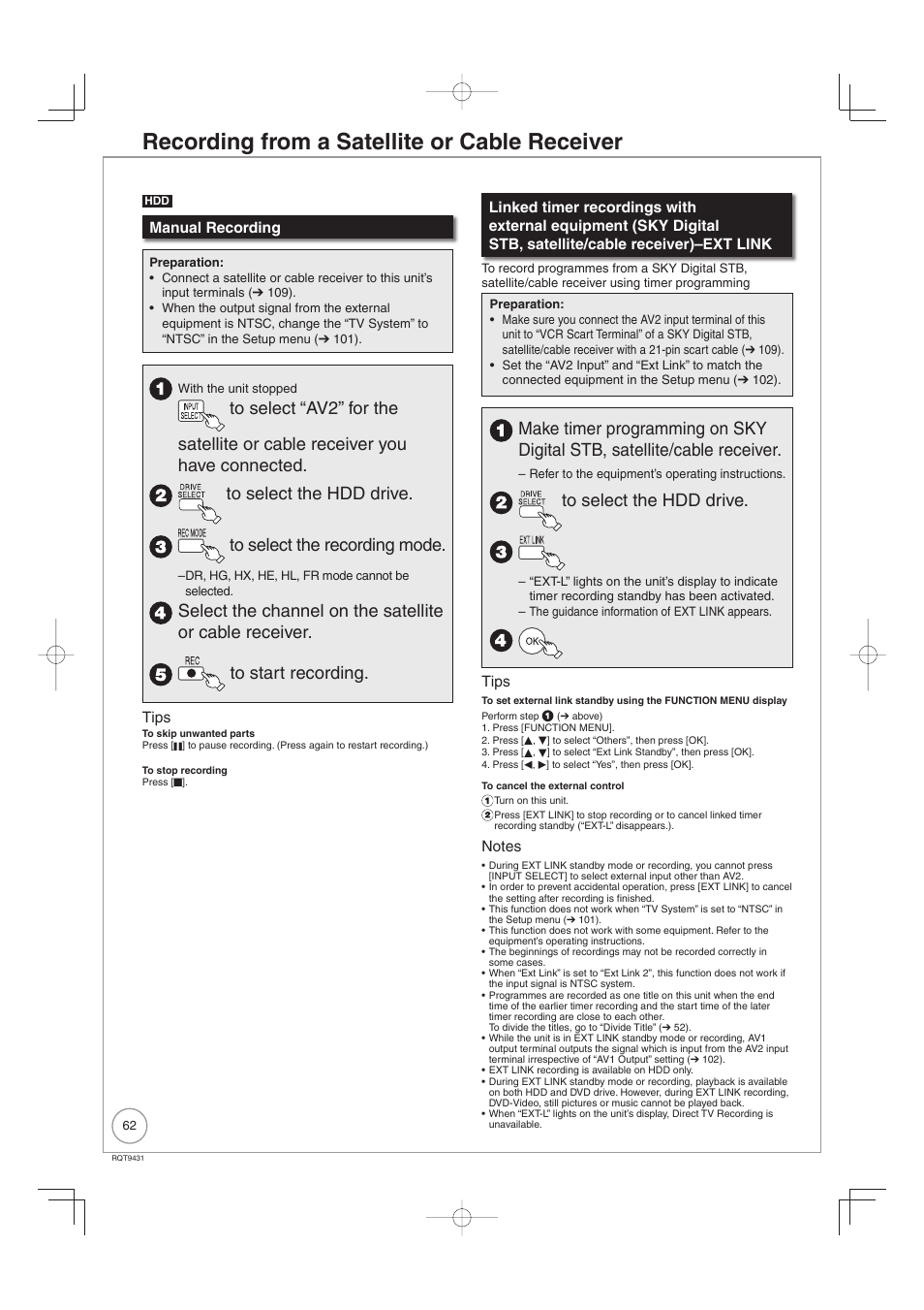 Recording from a satellite or cable receiver | Philips DIGA DMR-XS350EB User Manual | Page 62 / 140