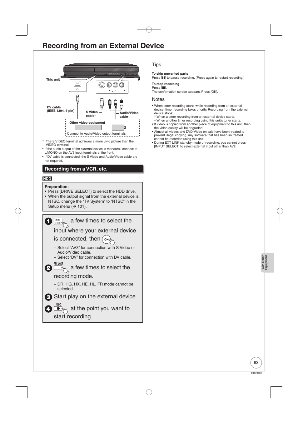 Recording from an external device, A few times to select the recording mode, Recording from a vcr, etc | Tips | Philips DIGA DMR-XS350EB User Manual | Page 63 / 140