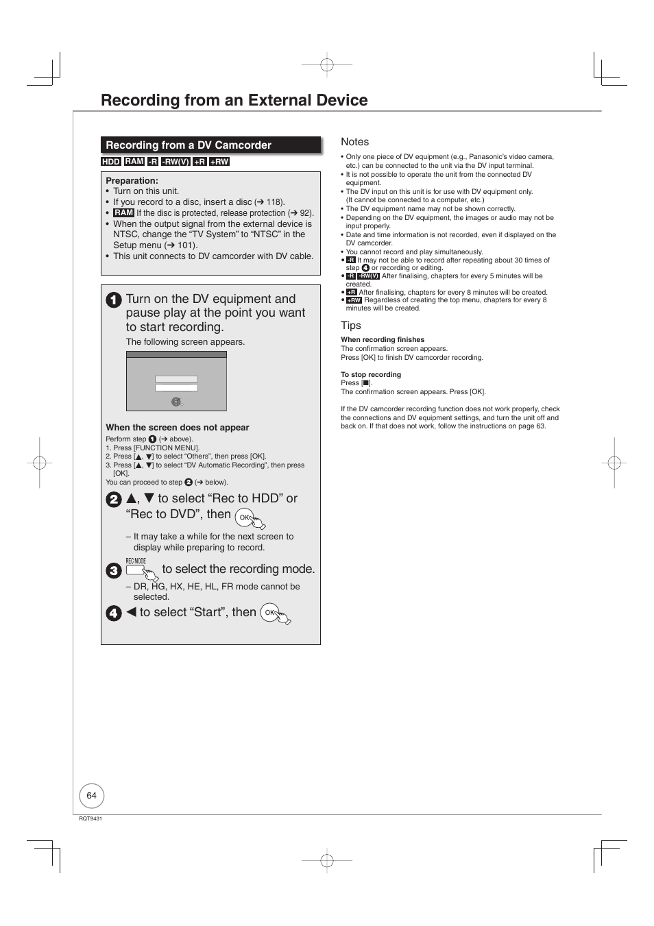 Recording from an external device, E, r to select “rec to hdd” or “rec to dvd”, then, W to select “start”, then | Recording from a dv camcorder, Tips | Philips DIGA DMR-XS350EB User Manual | Page 64 / 140