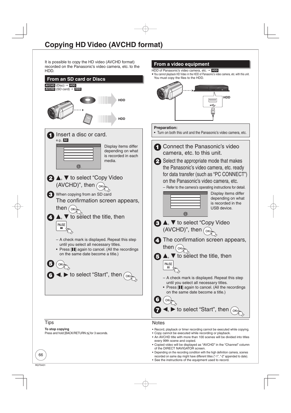 Copying hd video (avchd format), Insert a disc or card, E, r to select “copy video (avchd)”, then | W, q to select “start”, then, Tips | Philips DIGA DMR-XS350EB User Manual | Page 66 / 140