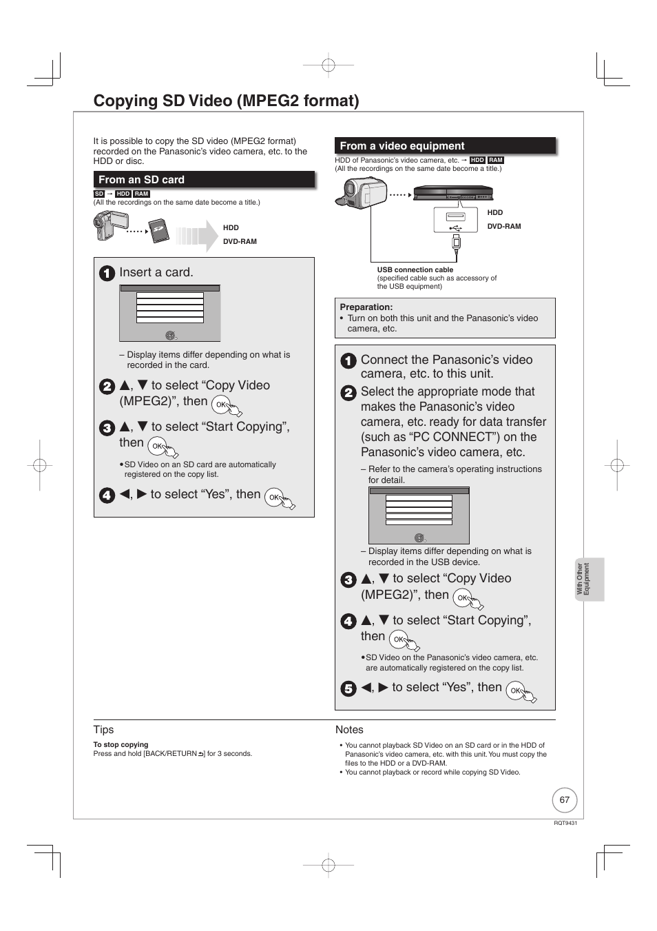 Copying sd video (mpeg2 format), Insert a card, W, q to select “yes”, then | Tips | Philips DIGA DMR-XS350EB User Manual | Page 67 / 140