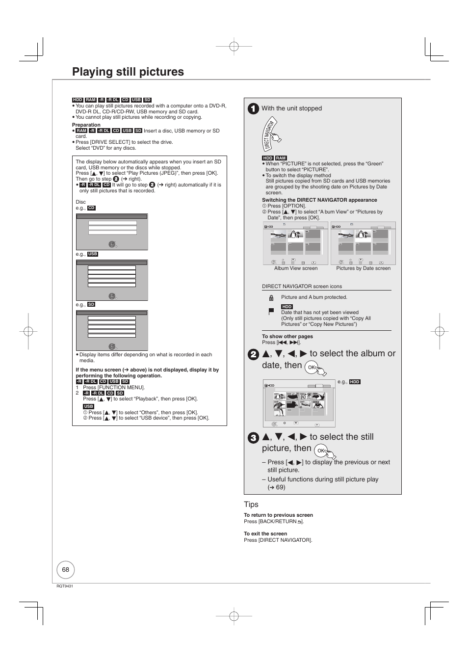 Playing still pictures, E, r, w, q to select the album or date, then, E, r, w, q to select the still picture, then | Tips, With the unit stopped | Philips DIGA DMR-XS350EB User Manual | Page 68 / 140