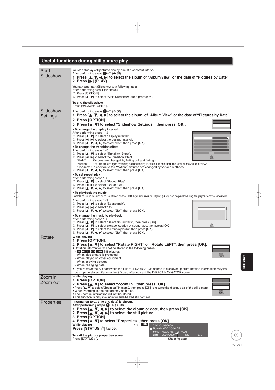 Slideshow settings, Rotate, Zoom in zoom out | Properties, Press [status ] twice | Philips DIGA DMR-XS350EB User Manual | Page 69 / 140