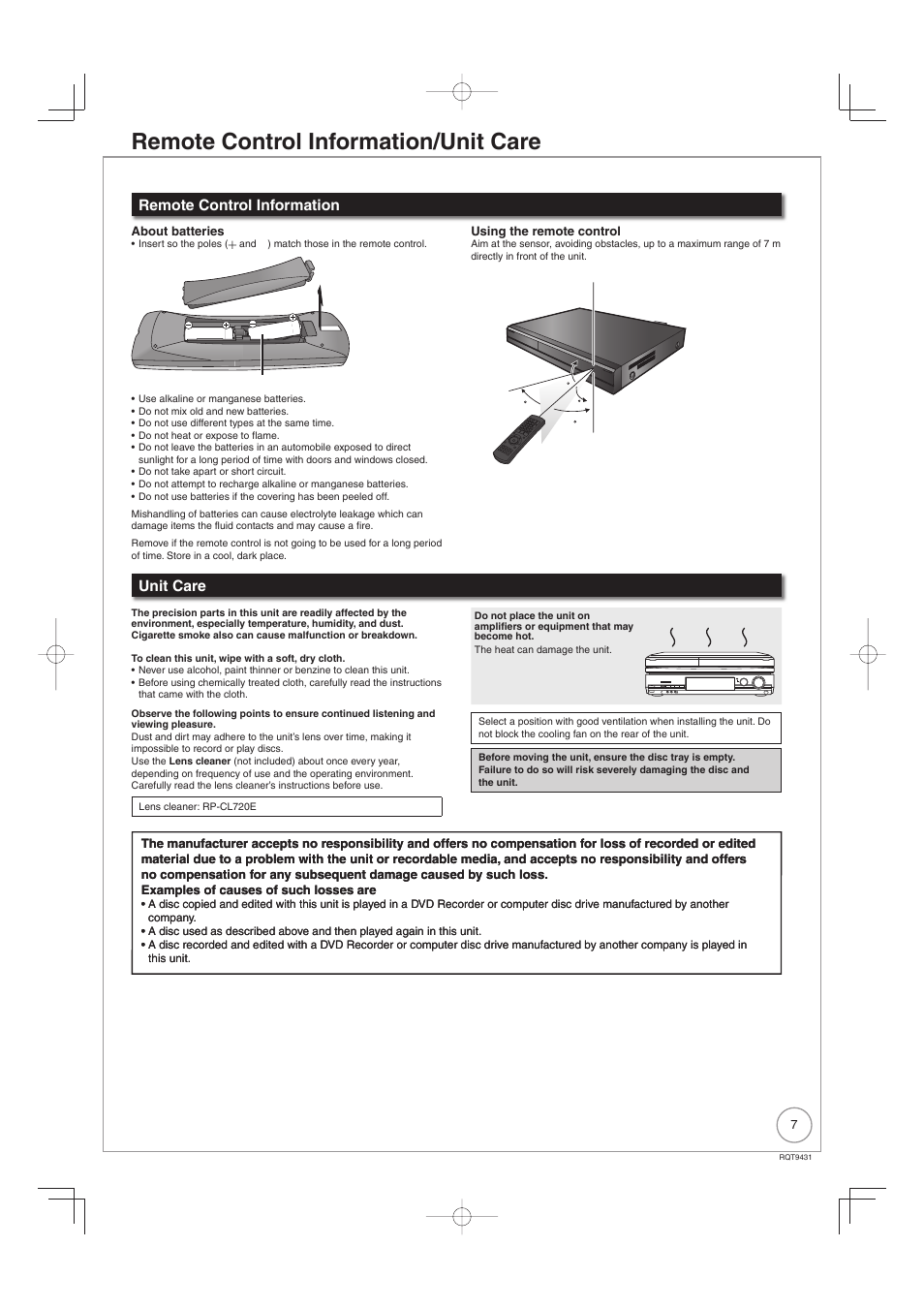 Remote control information/unit care, Remote control information, Unit care | Do not | Philips DIGA DMR-XS350EB User Manual | Page 7 / 140