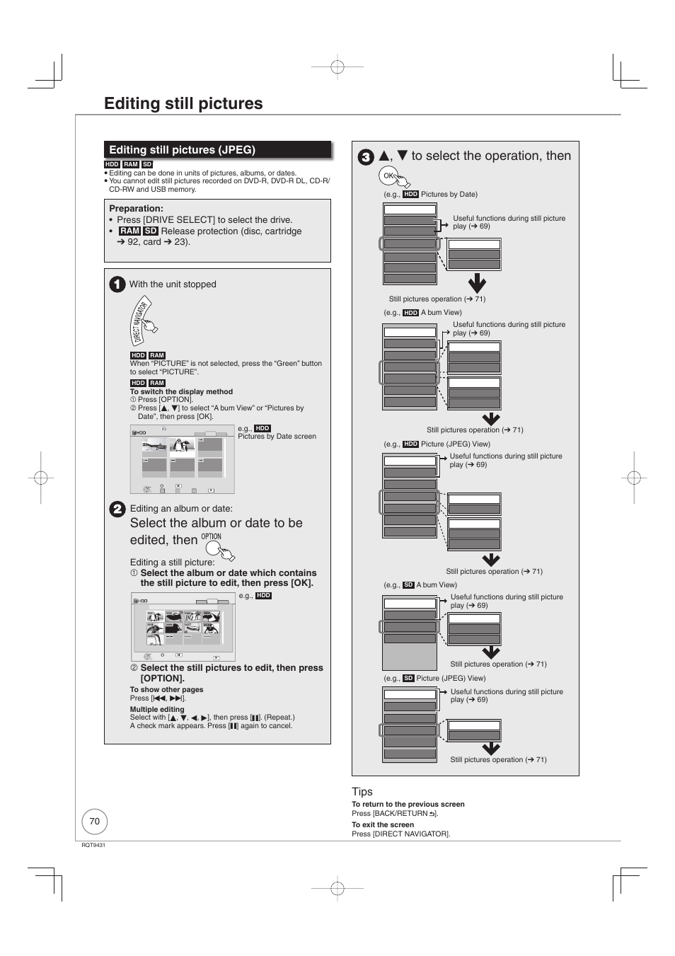 Editing still pictures, Select the album or date to be edited, then, E, r to select the operation, then | Editing still pictures (jpeg), Tips, With the unit stopped, Editing an album or date | Philips DIGA DMR-XS350EB User Manual | Page 70 / 140