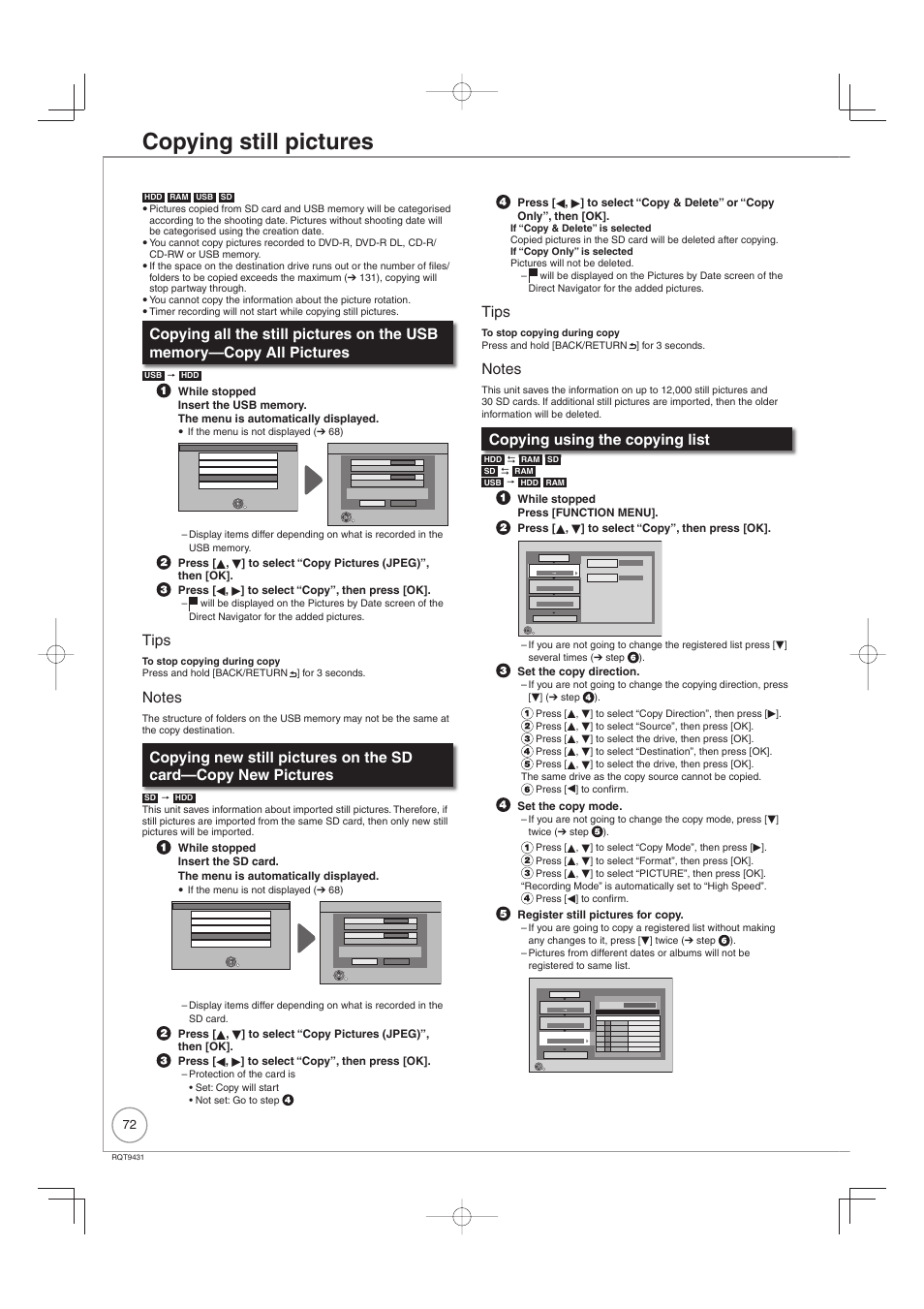 Copying still pictures, Tips, Copying using the copying list | Philips DIGA DMR-XS350EB User Manual | Page 72 / 140