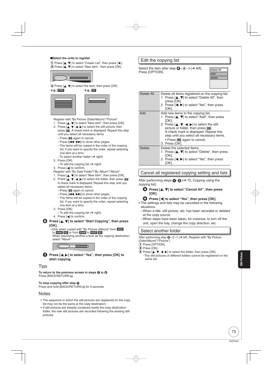 Tips, Edit the copying list, Cancel all registered copying setting and lists | Select another folder | Philips DIGA DMR-XS350EB User Manual | Page 73 / 140