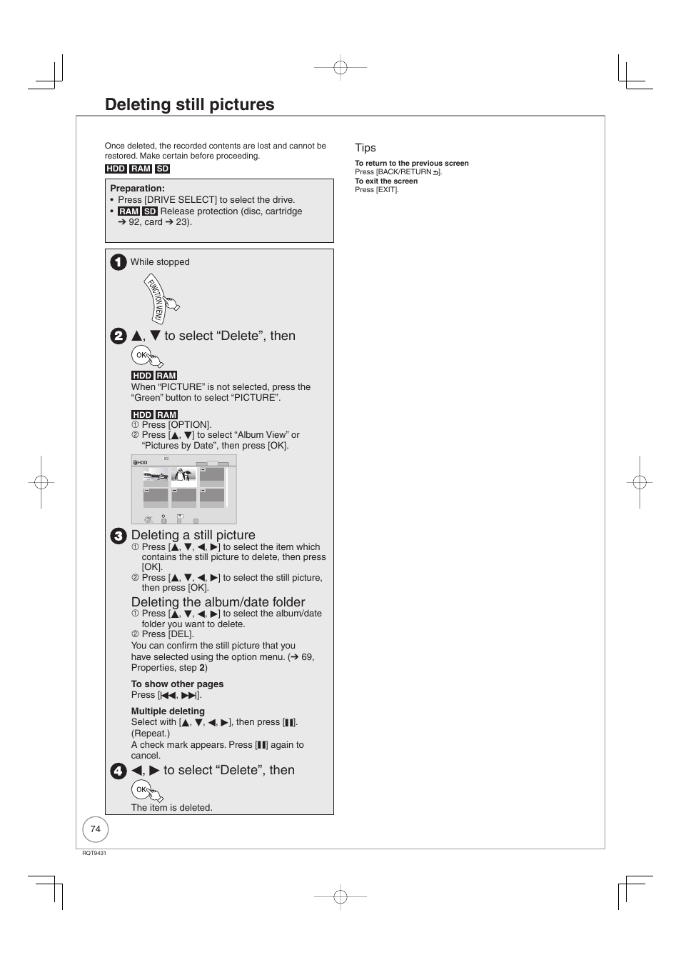 Deleting still pictures, E, r to select “delete”, then, Deleting a still picture | Deleting the album/date folder, W, q to select “delete”, then, Tips | Philips DIGA DMR-XS350EB User Manual | Page 74 / 140