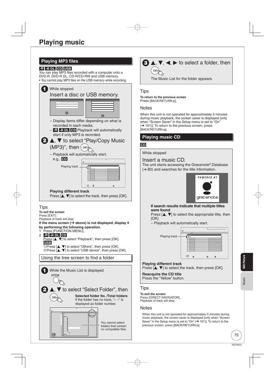 Playing music, E, r to select “play/copy music (mp3)”, then, E, r to select “select folder”, then | E, r, w, q to select a folder, then, Insert a music cd, Playing mp3 files, Tips, Using the tree screen to find a folder, Playing music cd, While stopped | Philips DIGA DMR-XS350EB User Manual | Page 75 / 140