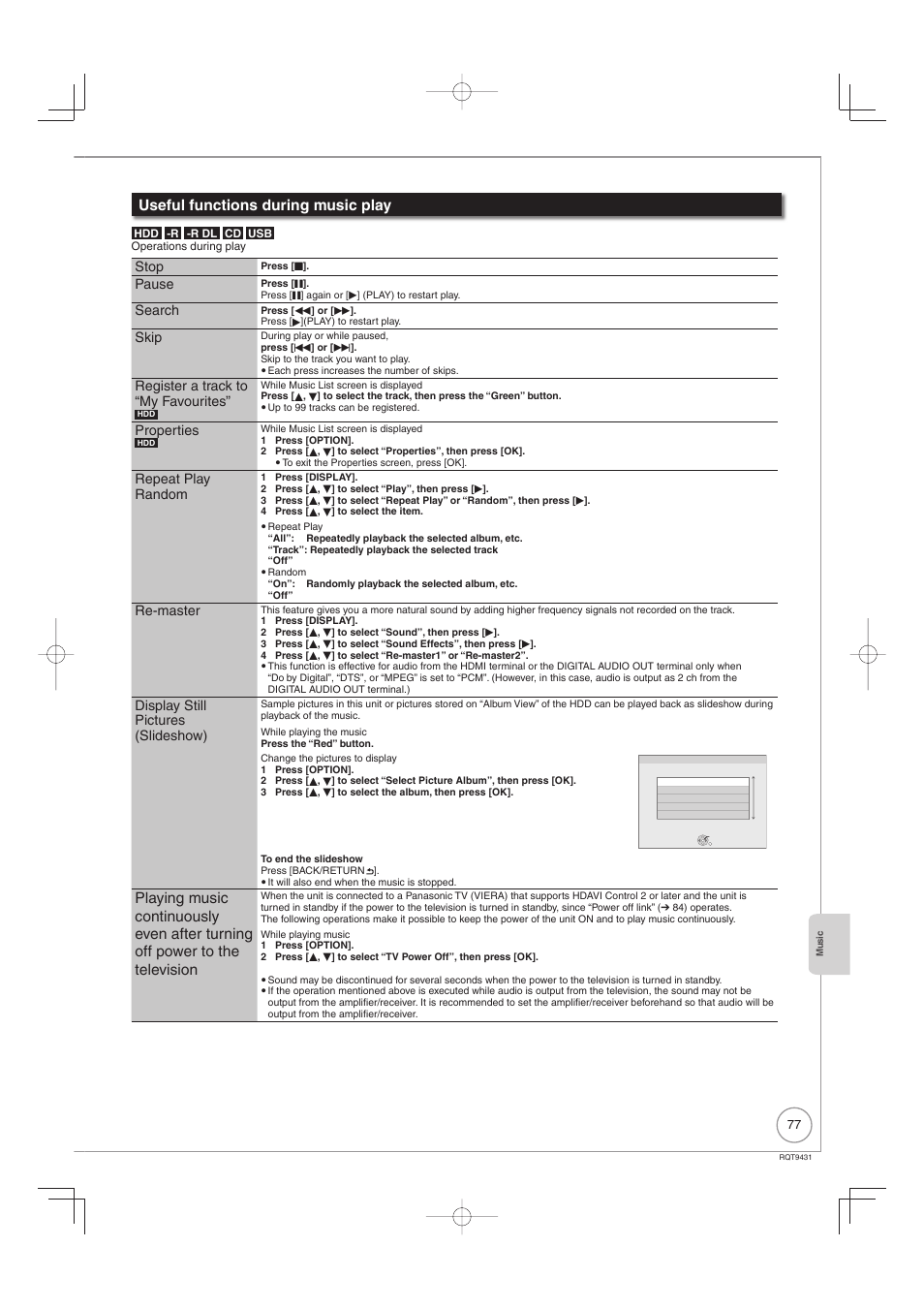 Useful functions during music play, Stop, Pause | Search, Skip, Register a track to “my favourites, Properties, Repeat play random, Re-master, Display still pictures (slideshow) | Philips DIGA DMR-XS350EB User Manual | Page 77 / 140