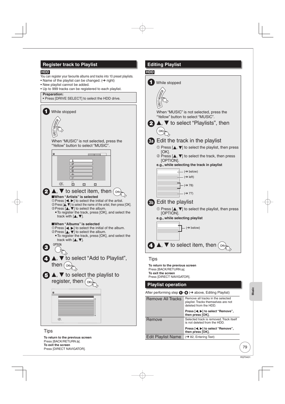 E, r to select item, then, E, r to select “playlists”, then, Edit the track in the playlist | Edit the playlist, Register track to playlist, Tips, Editing playlist, Playlist operation | Philips DIGA DMR-XS350EB User Manual | Page 79 / 140