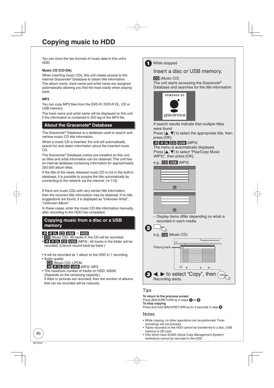 Copying music to hdd, W, q to select “copy”, then, Database | Tips | Philips DIGA DMR-XS350EB User Manual | Page 80 / 140