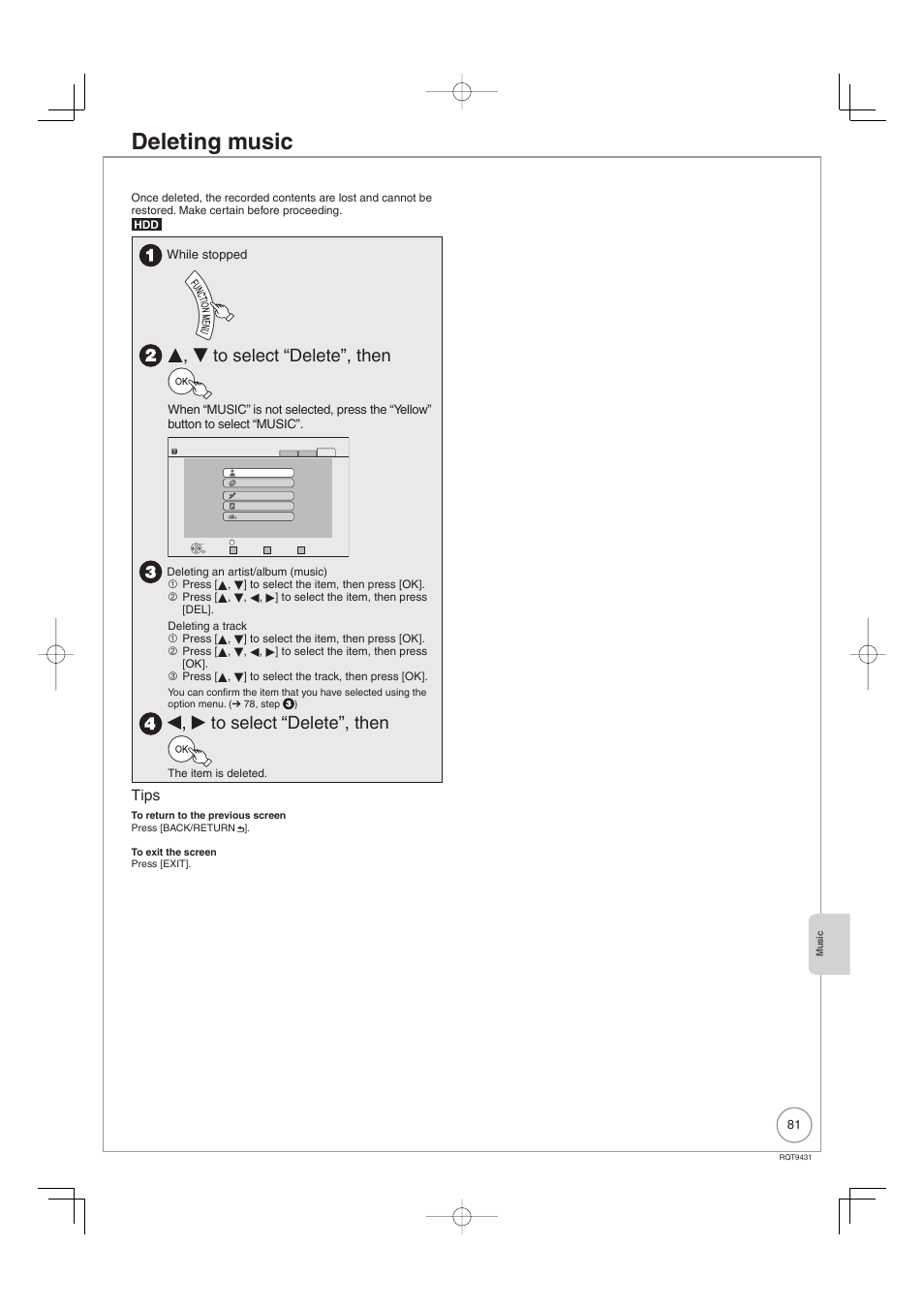 Deleting music, E, r to select “delete”, then, W, q to select “delete”, then | Tips | Philips DIGA DMR-XS350EB User Manual | Page 81 / 140