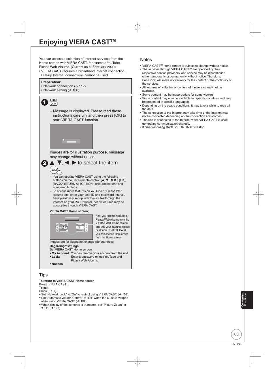 Enjoying viera cast, E, r, w, q to select the item, Tips | Philips DIGA DMR-XS350EB User Manual | Page 83 / 140