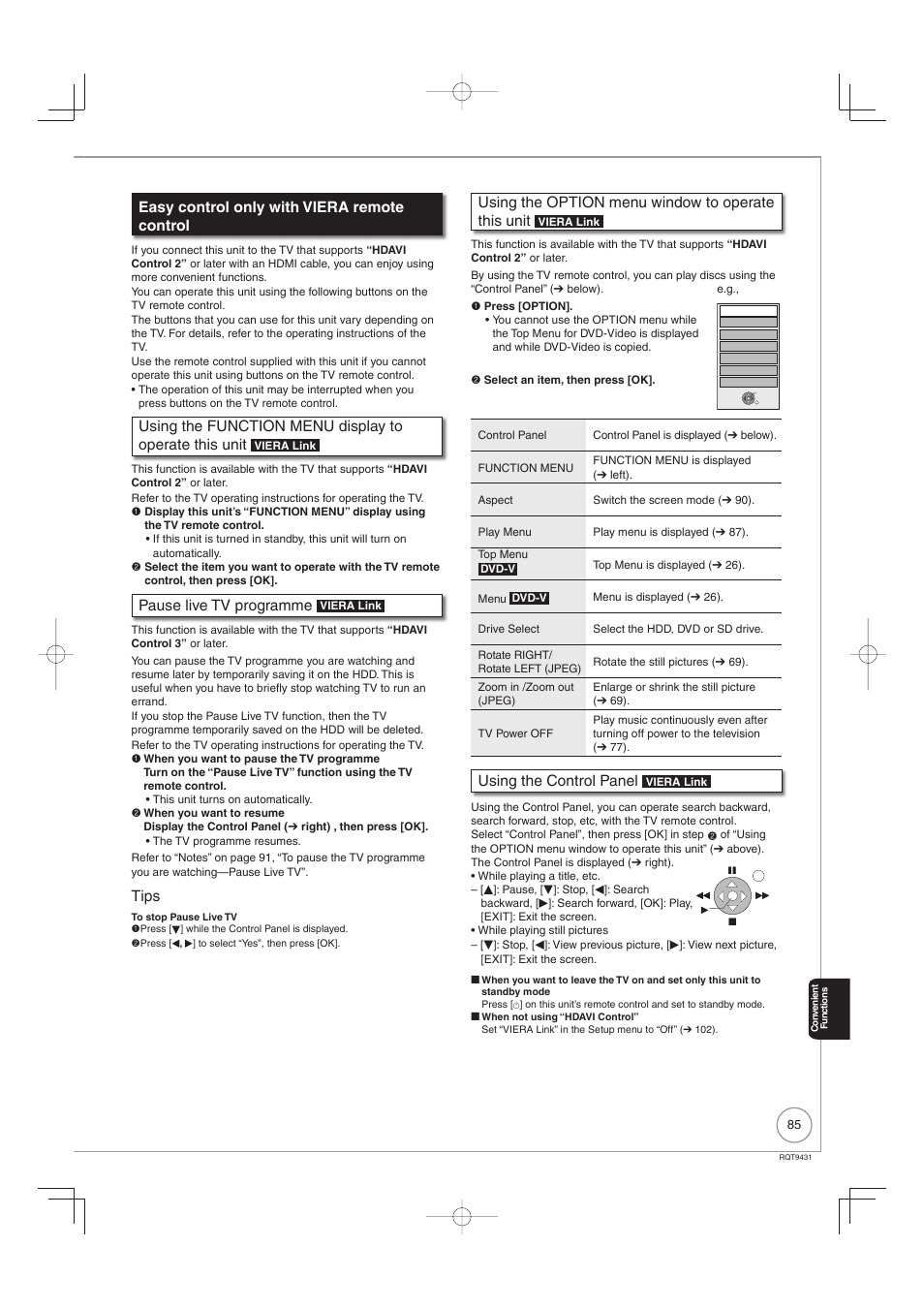 Easy control only with viera remote control, Pause live tv programme, Tips | Using the option menu window to operate this unit, Using the control panel | Philips DIGA DMR-XS350EB User Manual | Page 85 / 140