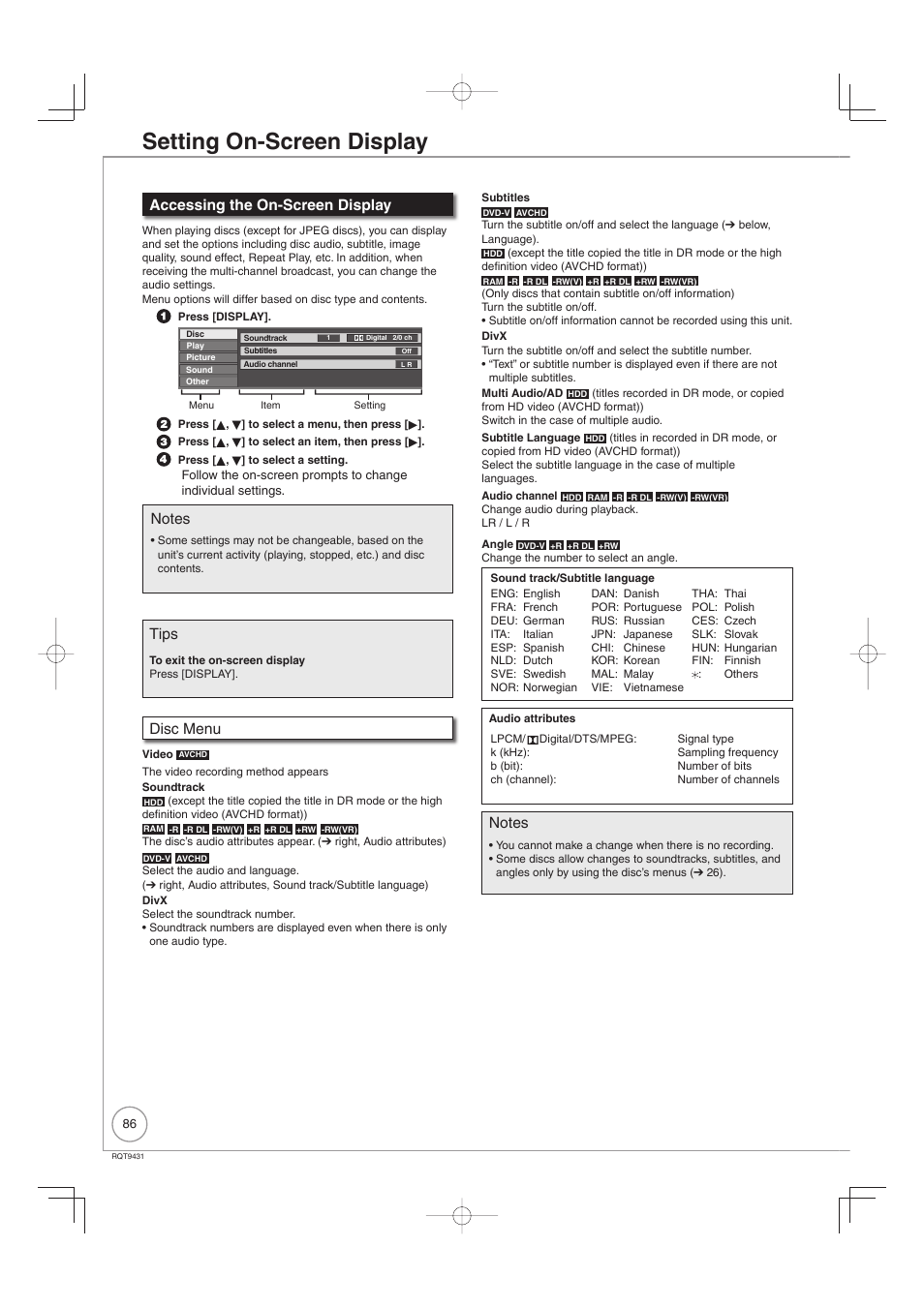 Setting on-screen display, Accessing the on-screen display, Tips | Disc menu | Philips DIGA DMR-XS350EB User Manual | Page 86 / 140