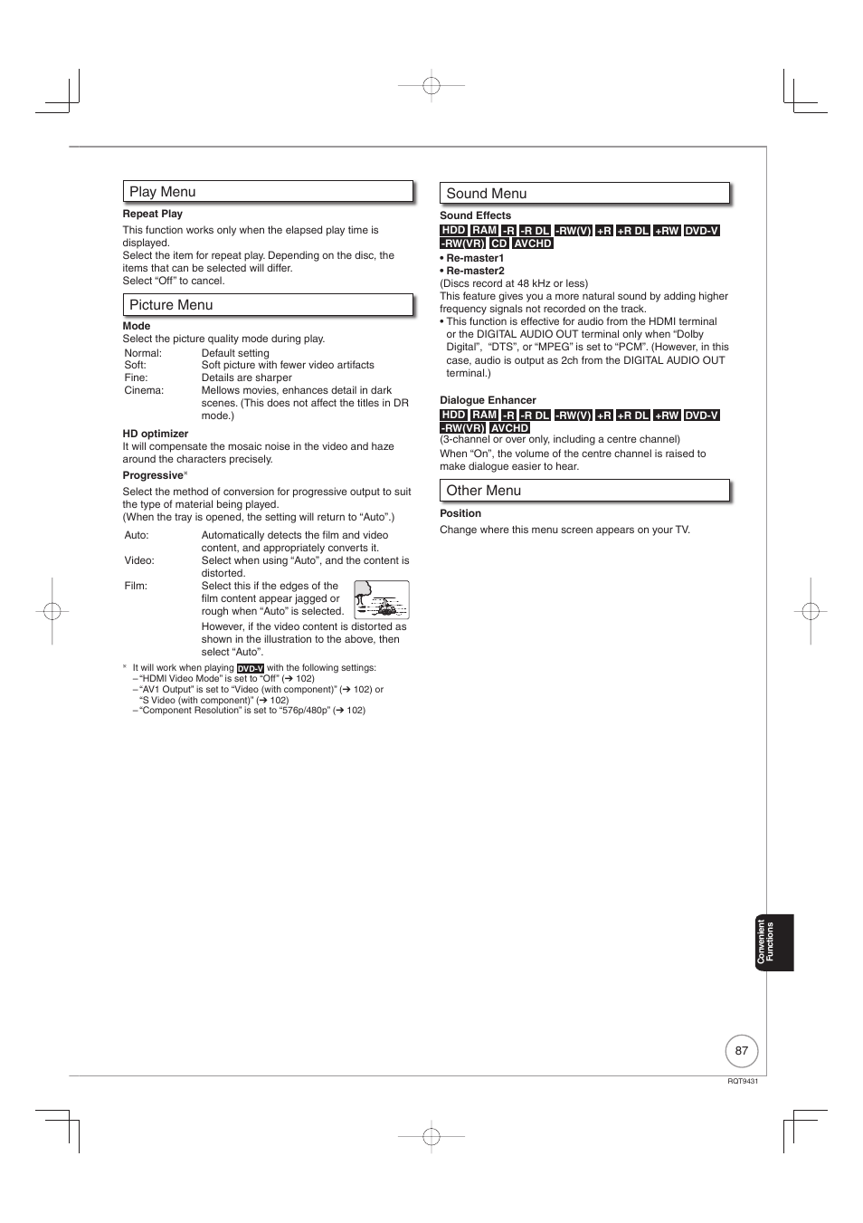 Play menu, Picture menu, Sound menu | Other menu | Philips DIGA DMR-XS350EB User Manual | Page 87 / 140