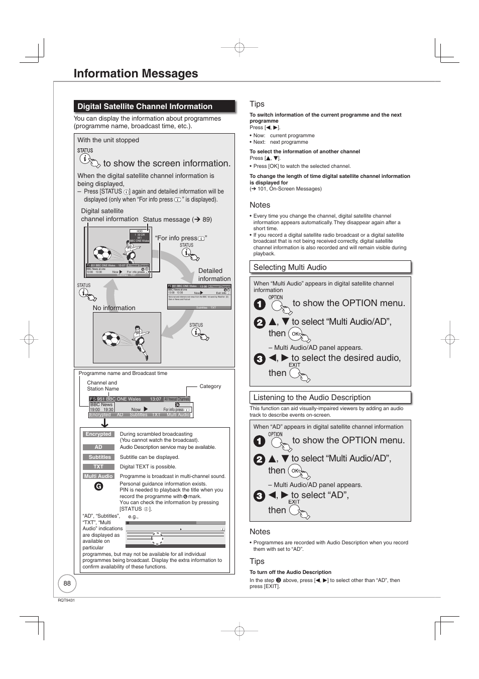 Information messages, W, q to select the desired audio, then, W, q to select “ad”, then | Digital satellite channel information, Tips, Selecting multi audio, Listening to the audio description | Philips DIGA DMR-XS350EB User Manual | Page 88 / 140
