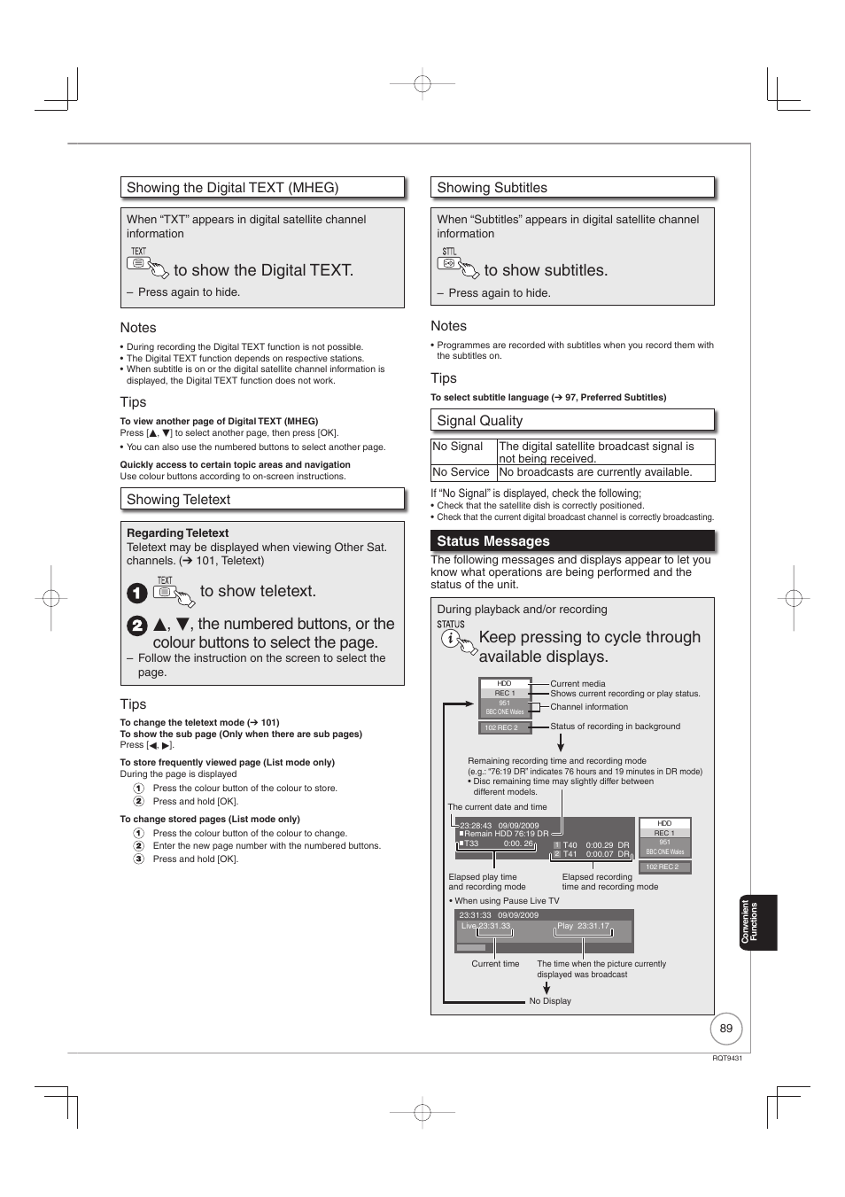 Keep pressing to cycle through available displays, Showing the digital text (mheg), Tips | Showing teletext, Showing subtitles, Signal quality, Status messages | Philips DIGA DMR-XS350EB User Manual | Page 89 / 140