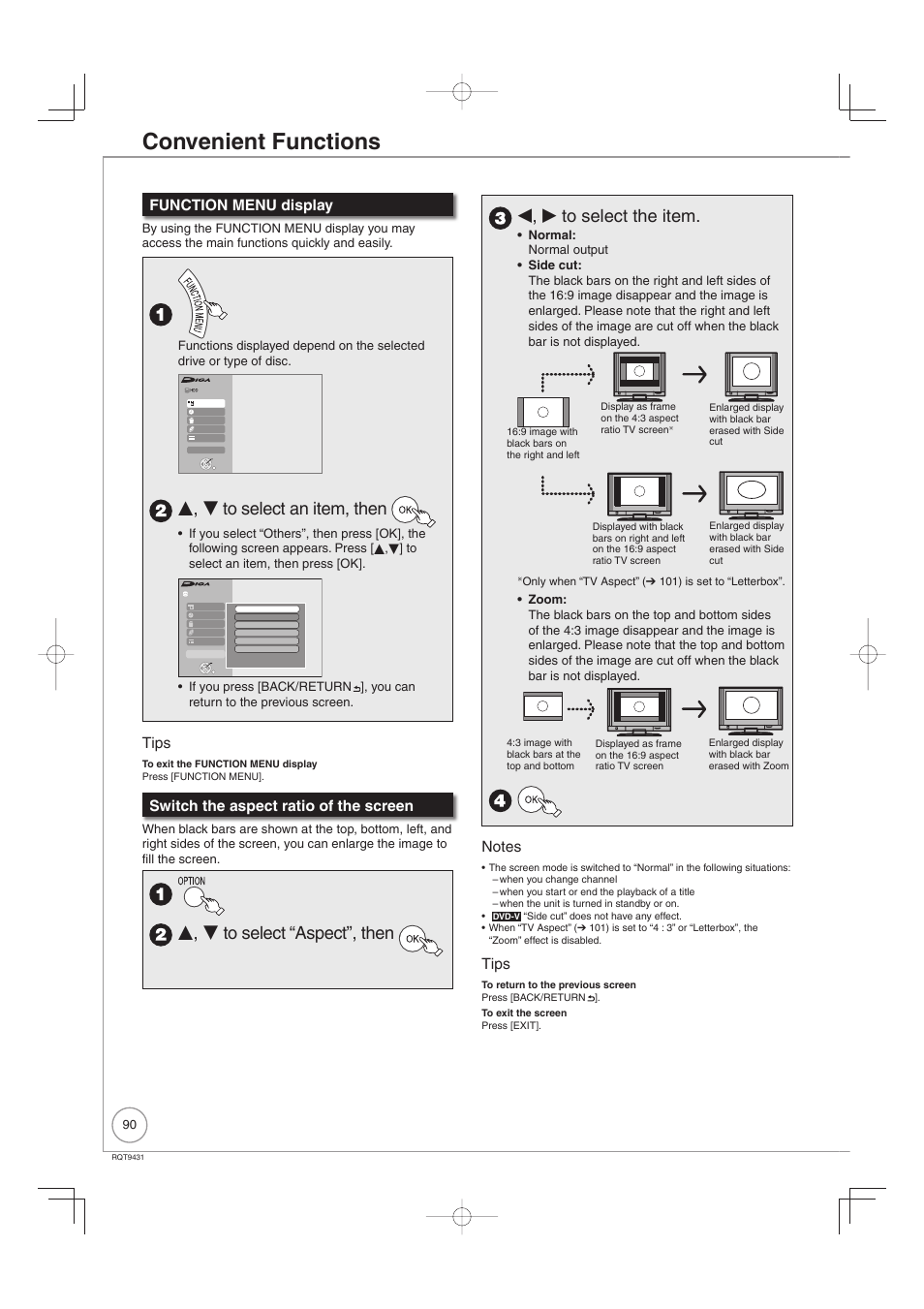 Convenient functions, E, r to select an item, then, Function menu display | Tips, Switch the aspect ratio of the screen | Philips DIGA DMR-XS350EB User Manual | Page 90 / 140