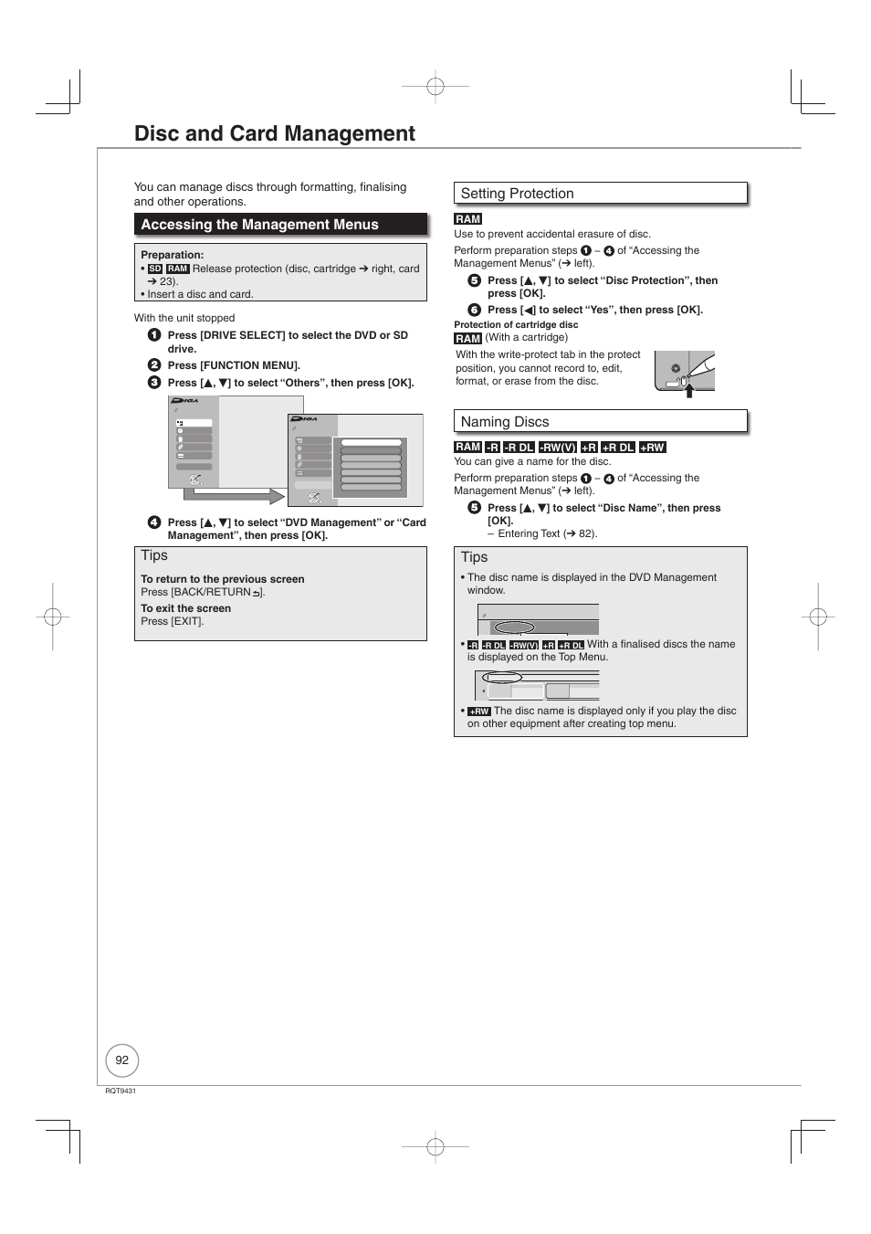 Disc and card management, Accessing the management menus, Tips | Setting protection, Naming discs | Philips DIGA DMR-XS350EB User Manual | Page 92 / 140