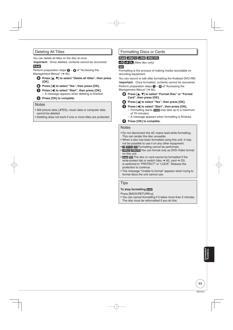 Deleting all titles, Formatting discs or cards, Tips | Philips DIGA DMR-XS350EB User Manual | Page 93 / 140