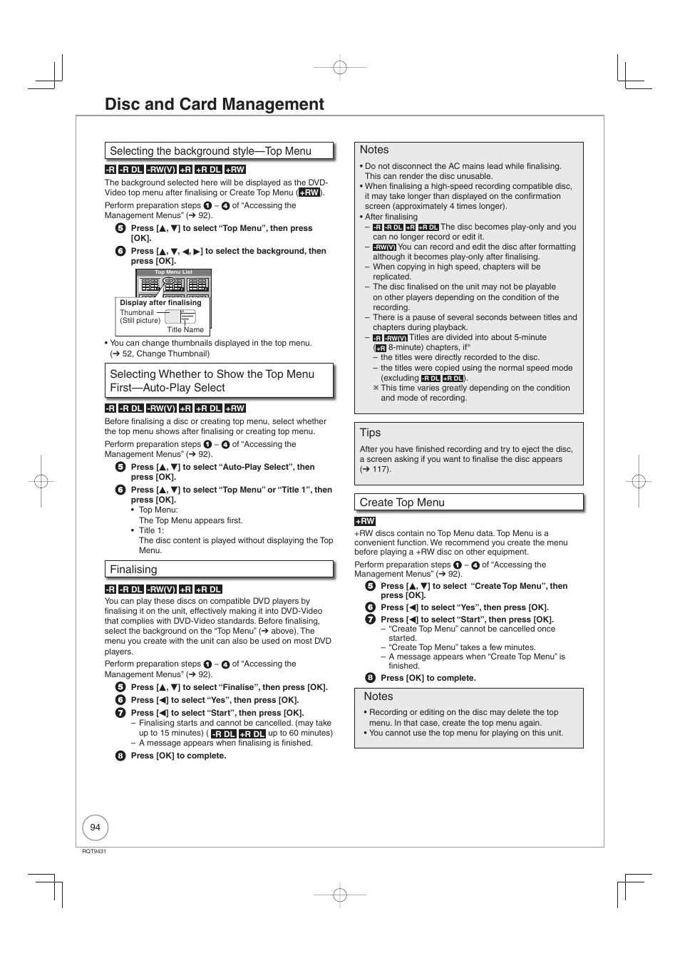 Disc and card management, Selecting the background style—top menu, Finalising | Tips, Create top menu | Philips DIGA DMR-XS350EB User Manual | Page 94 / 140