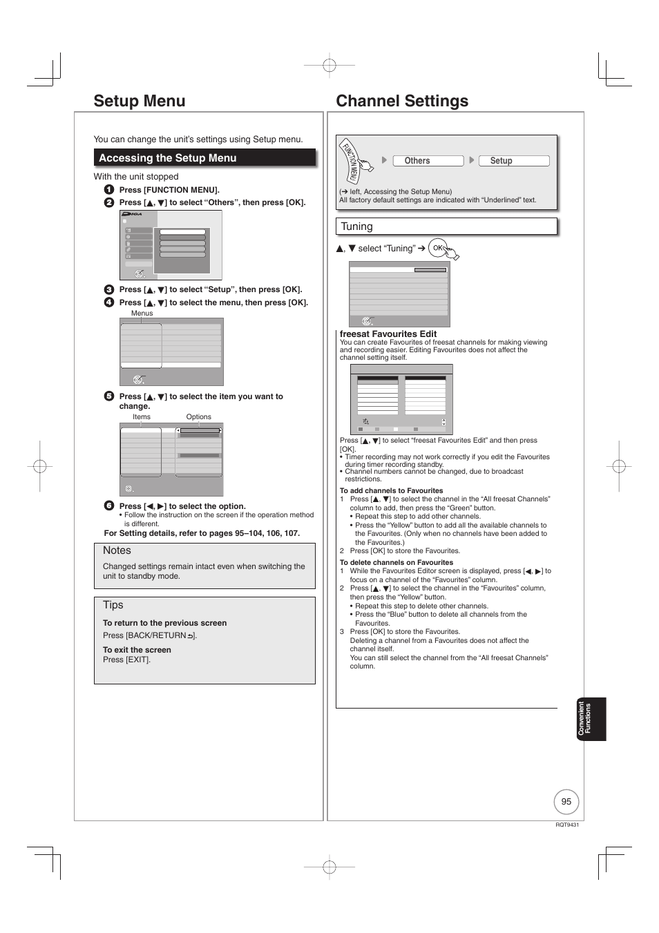 Setup menu channel settings, Accessing the setup menu, Tips | Tuning, With the unit stopped, Others setup, E, r select “tuning, Freesat favourites edit | Philips DIGA DMR-XS350EB User Manual | Page 95 / 140