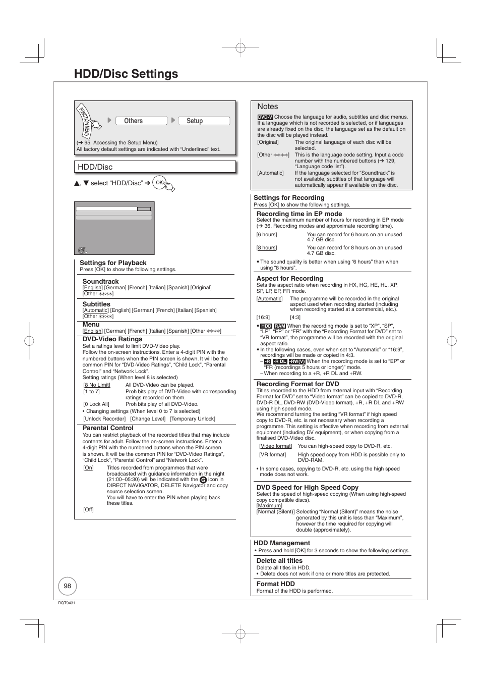 Hdd/disc settings, Hdd/disc, Others setup | Philips DIGA DMR-XS350EB User Manual | Page 98 / 140